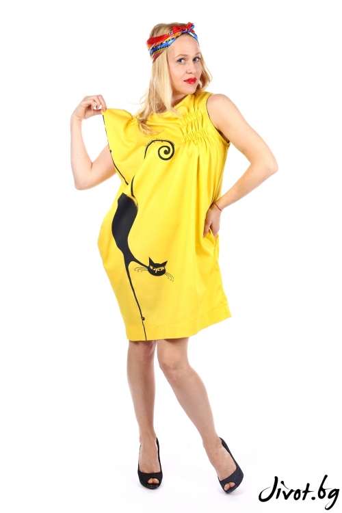 Дамска жълта рокля с ръчно рисуван котарак / SHOP MY J
