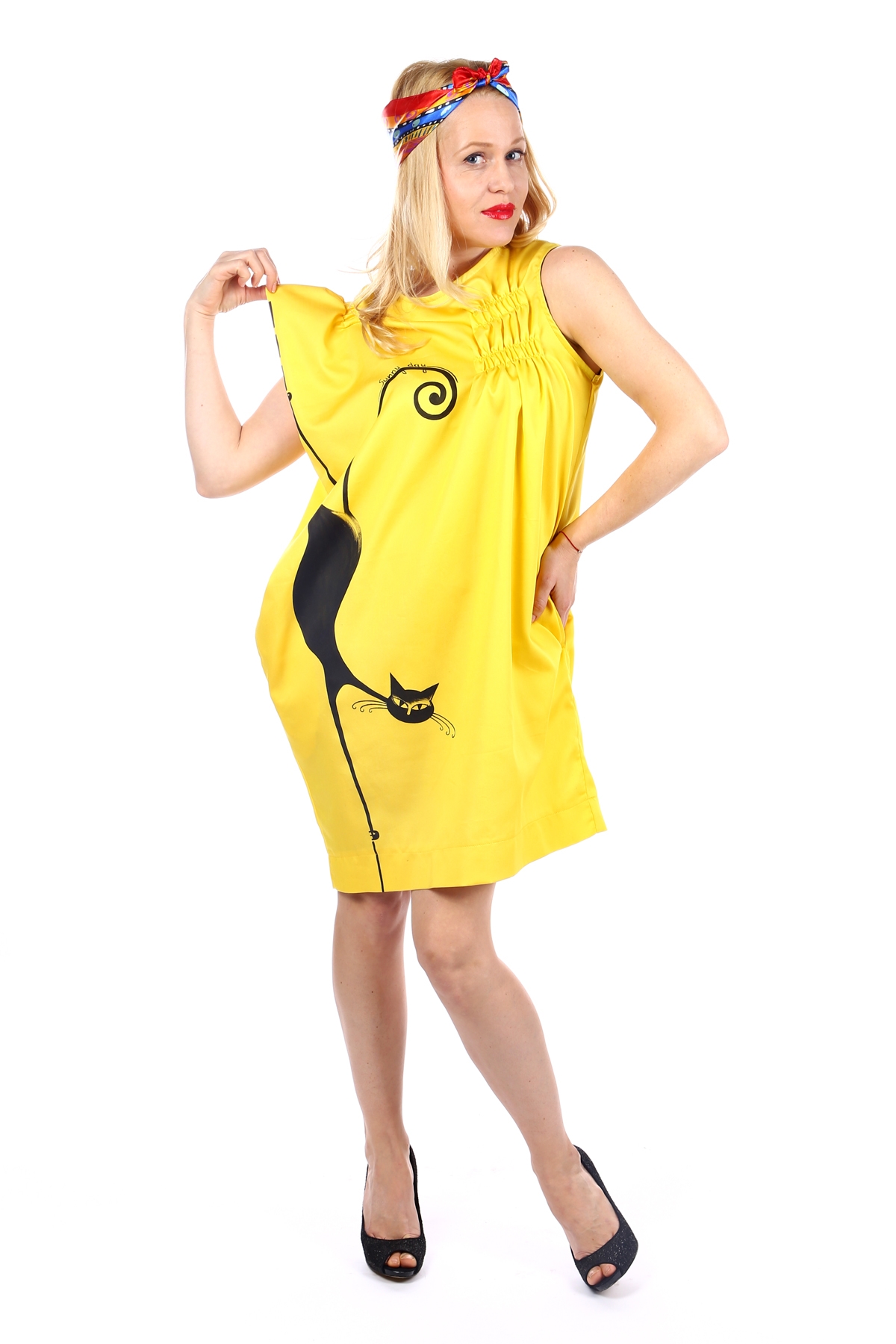 Дамска жълта рокля с ръчно рисуван котарак / SHOP MY J