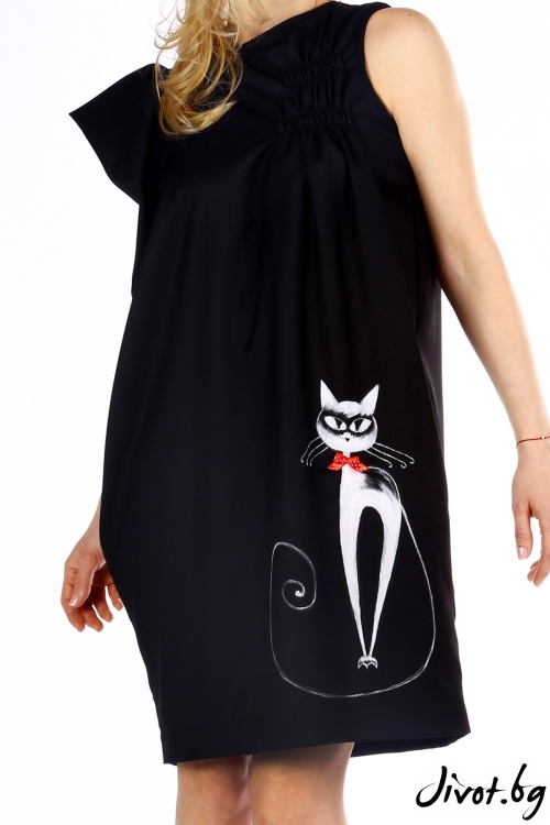 Черна дамска рокля с ръчно рисуван котарак / SHOP MY J 