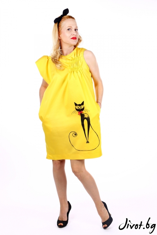 Жълта рокля с ръчно рисуван котарак / SHOP MY J