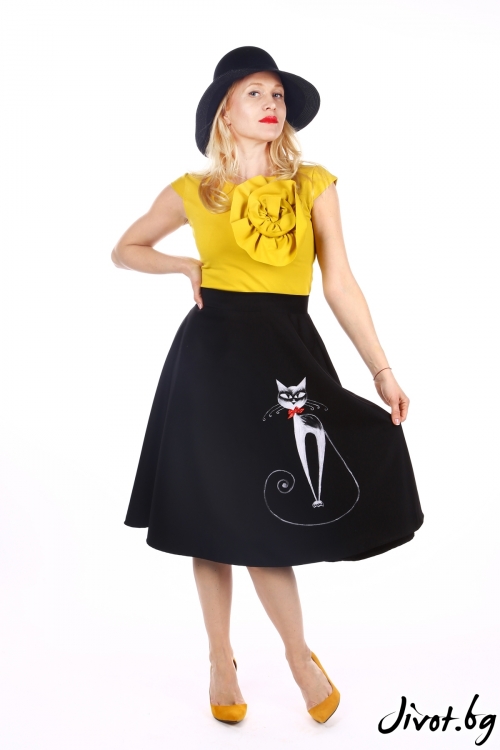 Дамска черна веревна пола с ръчно рисувана котка / SHOP MY J 