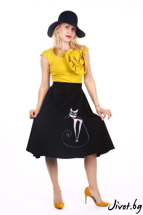 Дамска черна веревна пола с ръчно рисувана котка / SHOP MY J