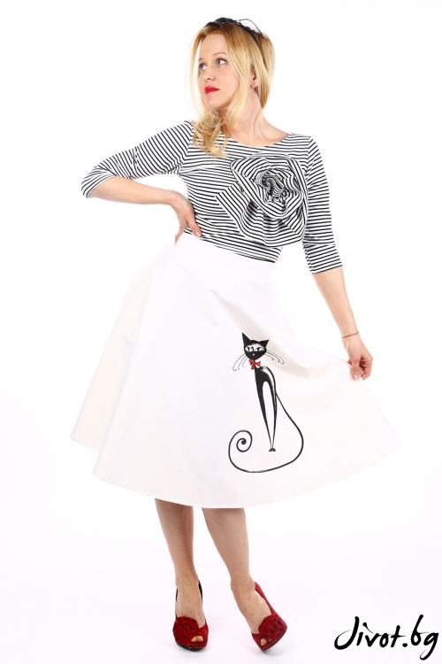 Дамска клоширана пола с ръчно рисувана котка / SHOP MY J
