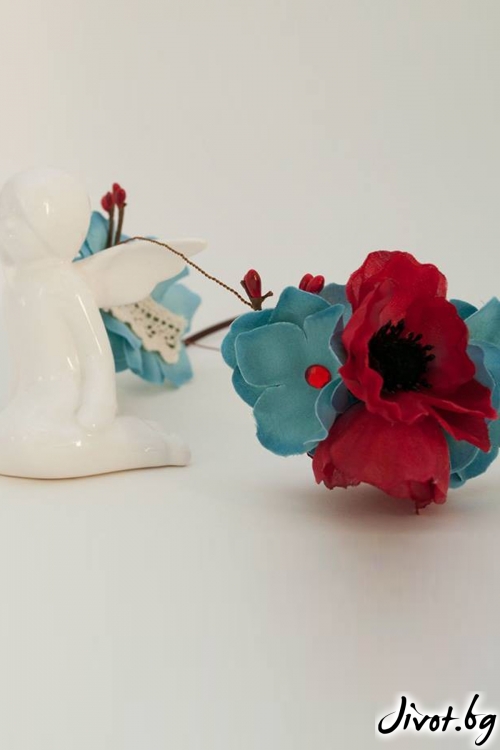 Диадема от копринени макове,листенца хортензия и памучна дантела "Poppies"/Forget-me-not