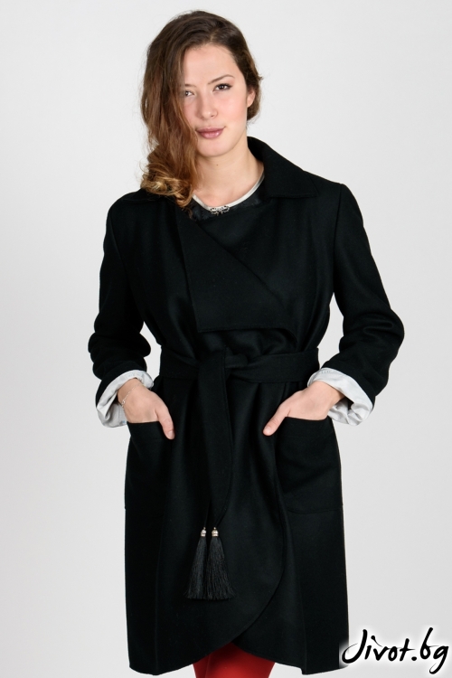 Черно дамско палто с колан / VIVASTELLA