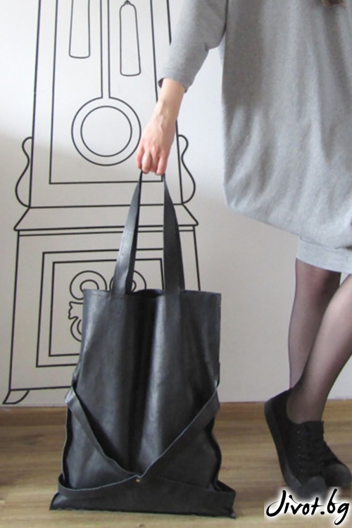 Черна tote чанта от естествена кожа / FABRA MODA STUDIO